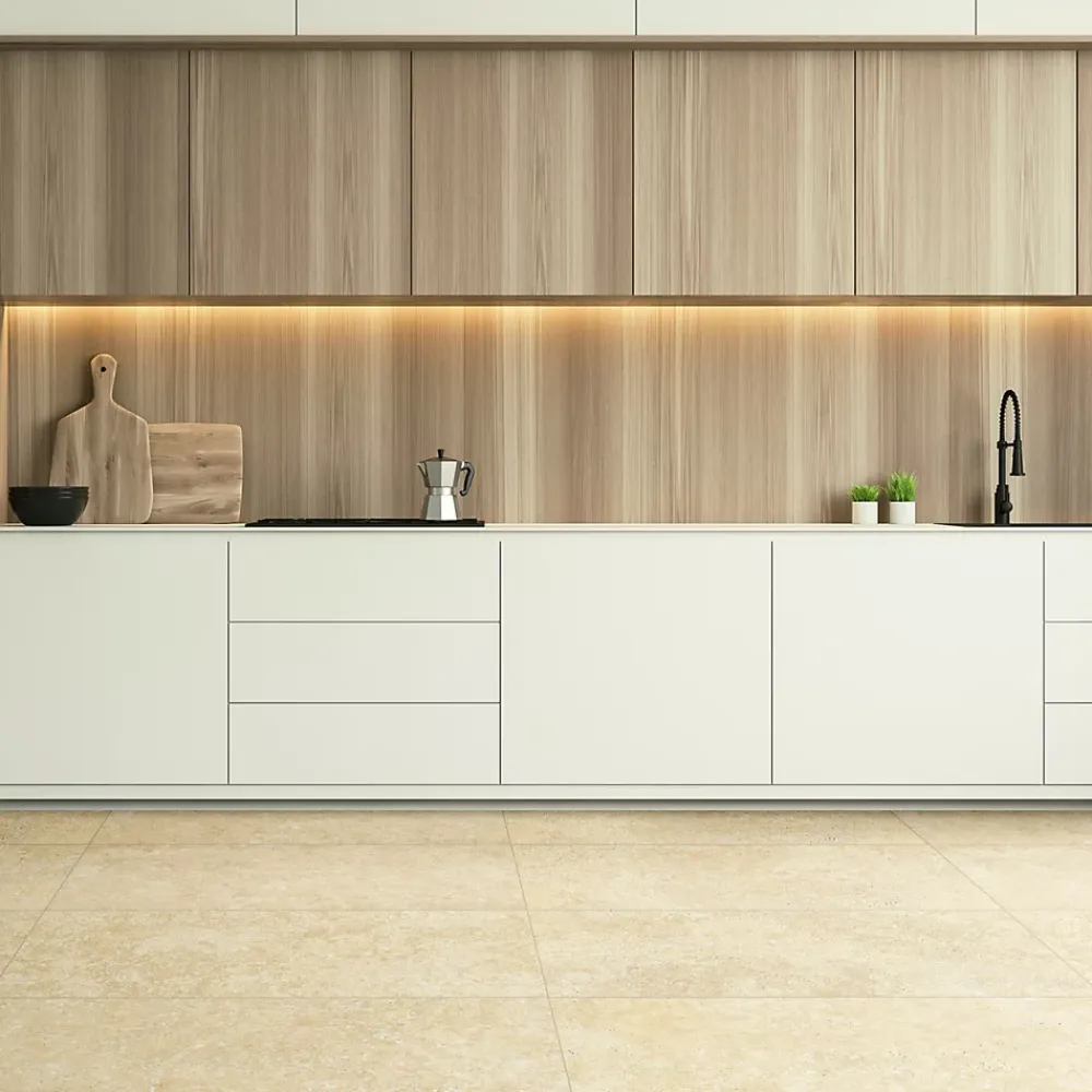 Carrelage sol et mur intérieur en grès cérame émaillé beige effet travertin mat L.119,8 x l.60 cm x ép.7,4 mm, Traverno- Carrelage Mural Effet Pierre|Carrelage Sol Effet Pierre