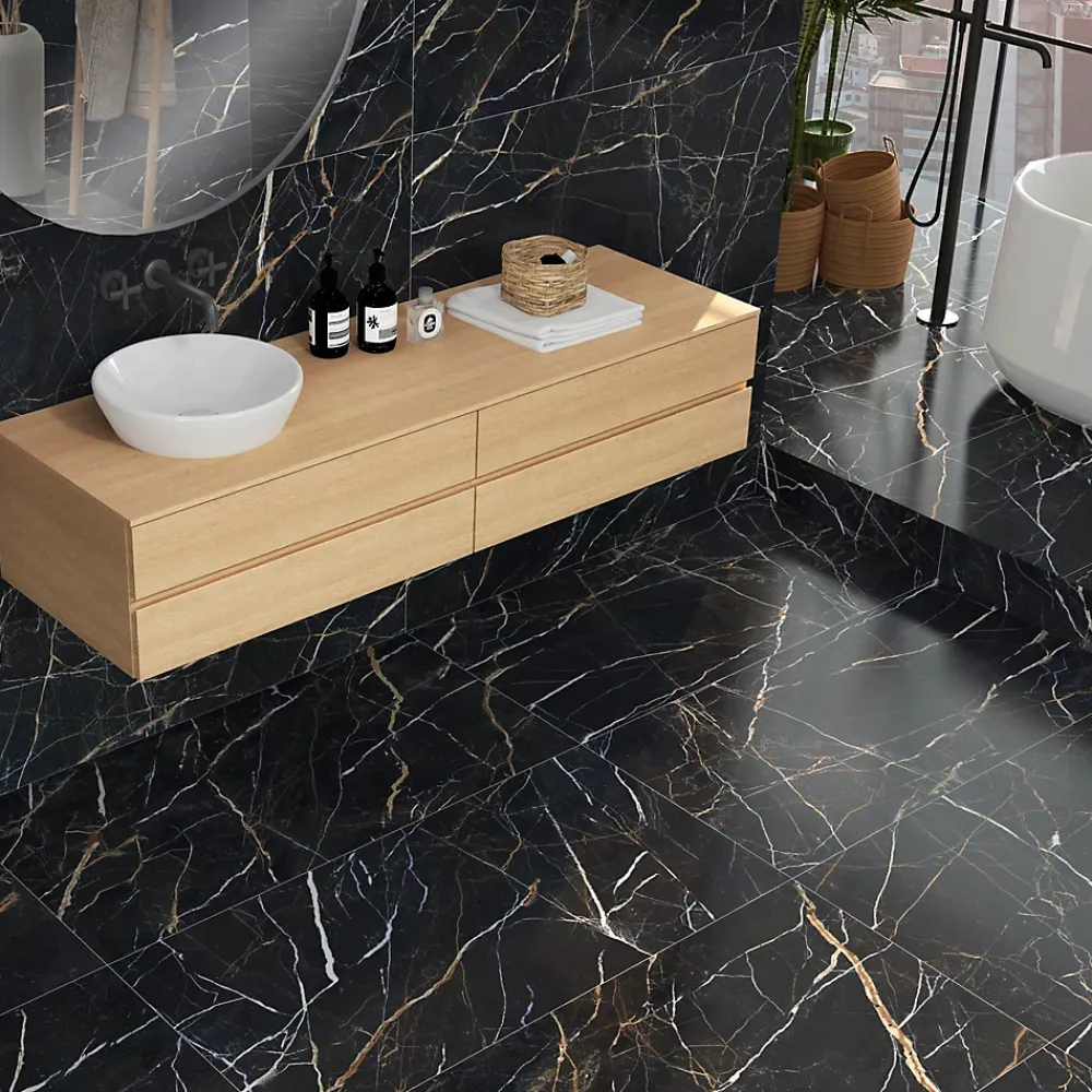 Baldocer Carrelage sol et mur intérieur en grès cérame effet marbre noir et doré L.120 x l.60 cm x ép.9 mm, Moonlight- Carrelage Mural Pour Douche|Carrelage Mural Pour Cuisine