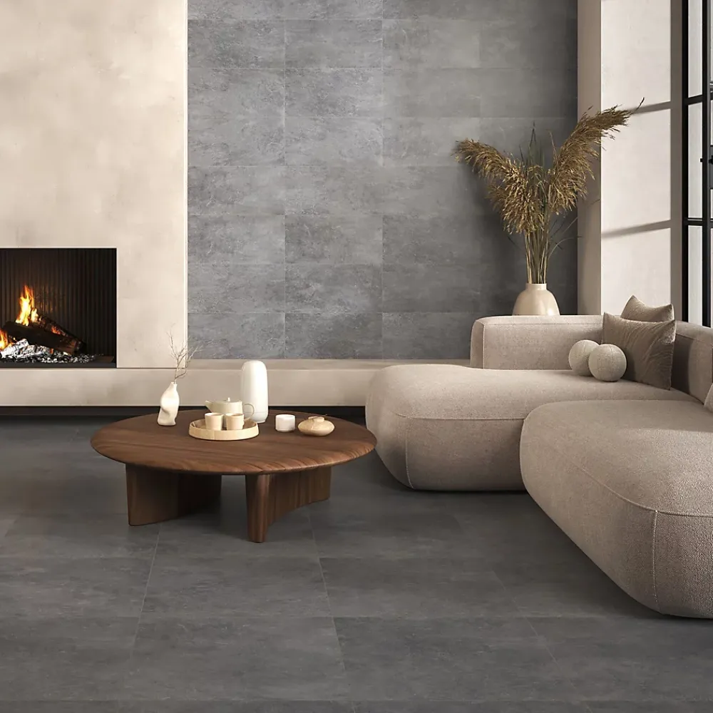 Carrelage sol et mur intérieur effet béton gris foncé L.60 x l.60 cm x ép.7,4 mm, Mitha- Carrelage Mural Effet Béton|Carrelage Sol Effet Pierre