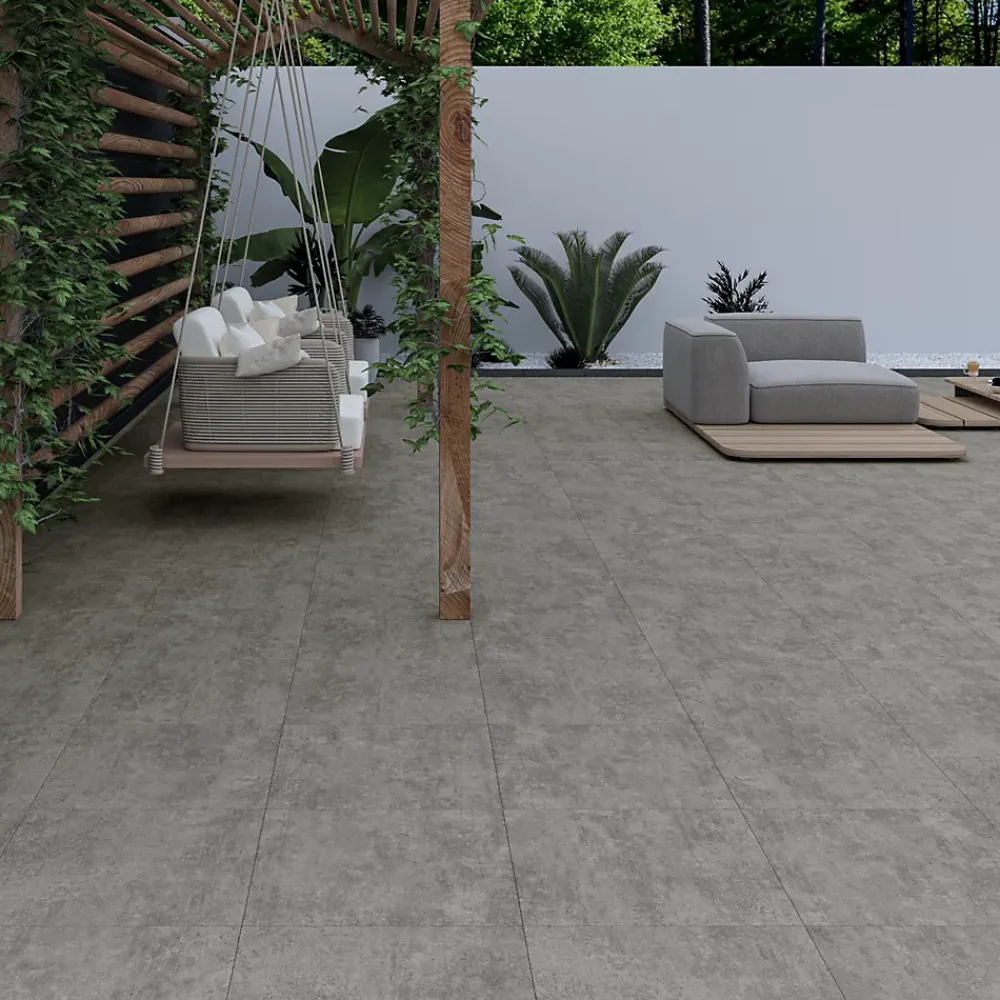 Ecoceramic Carrelage sol extérieur en grès cérame émaillé effet béton gris anthracite l.60 x L.60 x ép. 0.9cm Bauha- Carrelage Extérieur Et Terrasse
