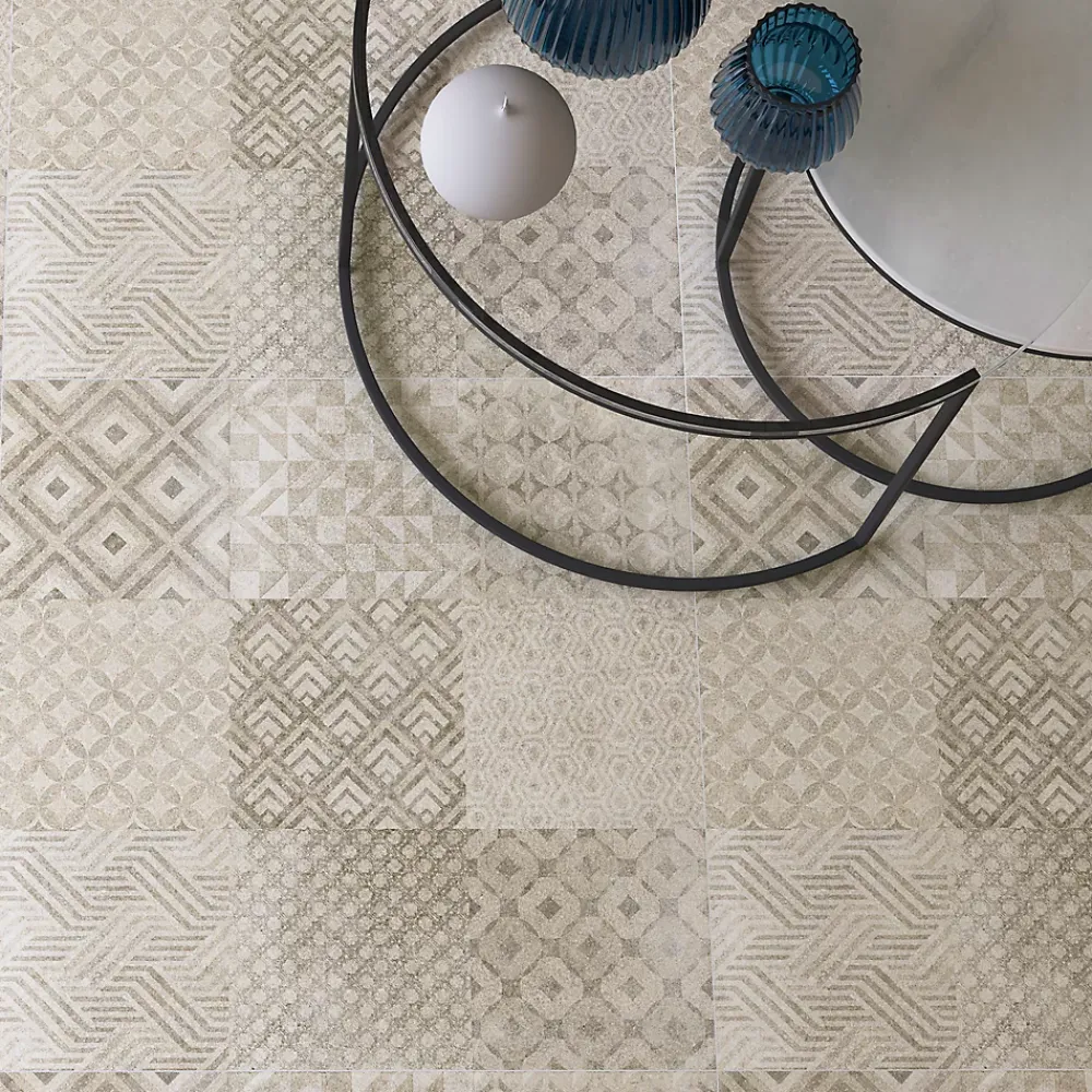 GoodHome Carrelage Mural Effet Carreaux De Ciment|Carrelage Sol Effet Carreaux De Ciment<Carrelage sol intérieur effet carreaux de ciment tons beiges et gris L.60 x l.60 cm x ép.9,5 mm, Kontainer