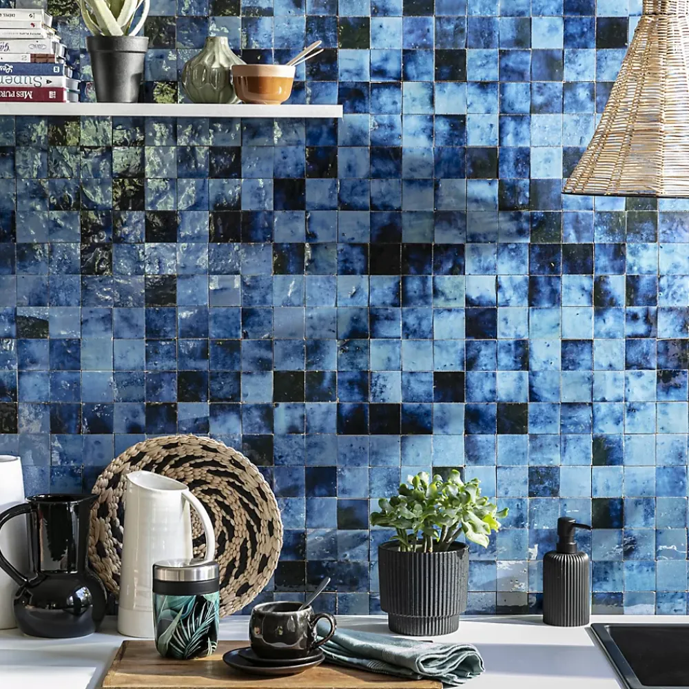 Ro'Ma Nature Faïence Pour Salle De Bains|Faïence Pour Pièce À Vivre<Carrelage Zellige Marocain Bleu Magique 5x5 cm (vendu par plaque de 30x30 cm soit 0,09 m²) -
