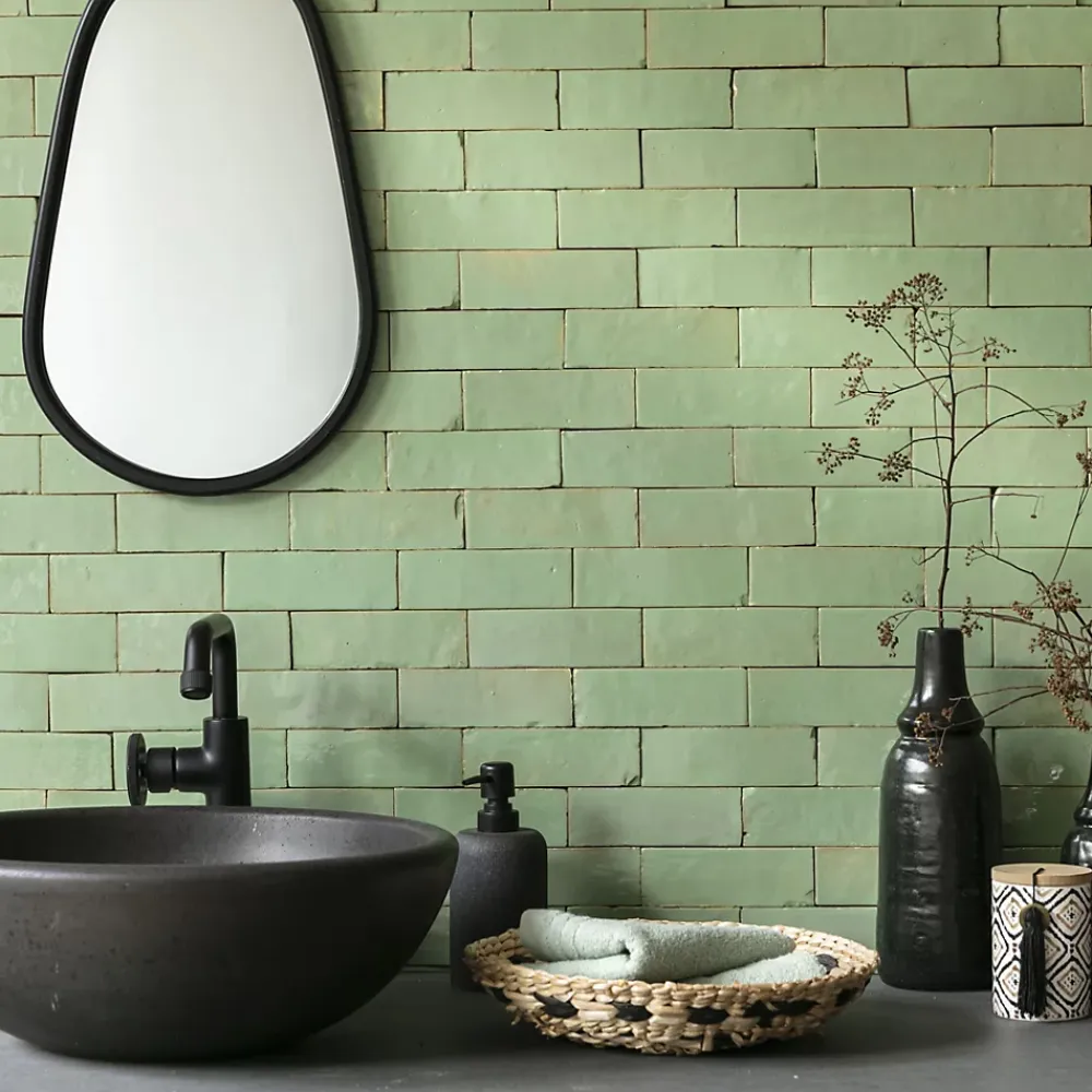 Ro'Ma Nature Carrelage Zellige Marocain Vert Amande 5x15 cm (vendu par 1 m²) -- Faïence Pour Douche|Faïence Pour Pièce À Vivre