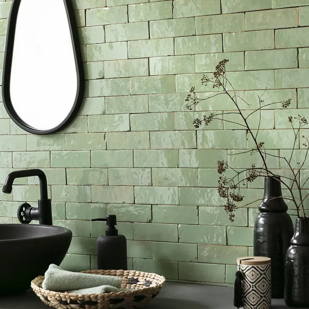 Ro'Ma Nature Carrelage Zellige Marocain Vert Amande 5x15 cm (vendu par 1 m²) -- Faïence Pour Douche|Faïence Pour Pièce À Vivre