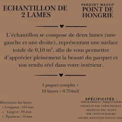 Dileci ÉCHANTILLON - Parquet massif chêne français, Pointe de Hongrie, Chevron 600x120x15 mm, Teinte foncée Élégante -- Parquet Chevron|Voir Tous Les Parquets