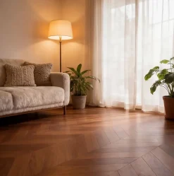 Dileci ÉCHANTILLON - Parquet massif chêne français, Pointe de Hongrie, Chevron 600x120x15 mm, Teinte foncée Élégante -- Parquet Chevron|Voir Tous Les Parquets