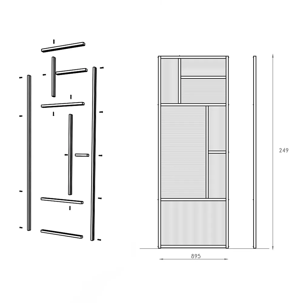 Foge Claustra avec vitrage et structure en MDF noir mat style industriel 244,5 x 89,4 x 4 cm- Claustra Intérieur|Cloison Amovible