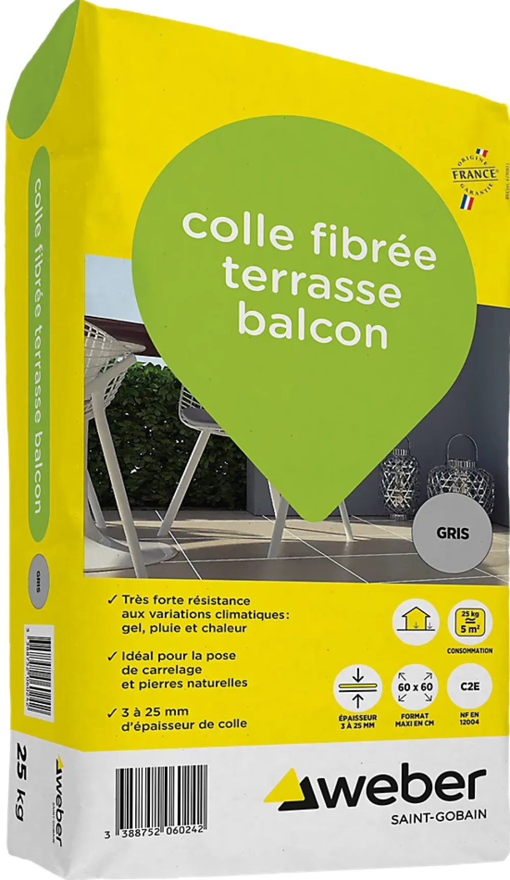 Weber Saint-Gobain Colle fibrée terrasse balcon gris Weber 25kg- Colle Carrelage Sol