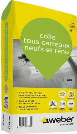 Weber Saint-Gobain Colle tous carreaux neufs et réno gris Weber 25kg- Colle Carrelage Sol|Colle Carrelage Mural