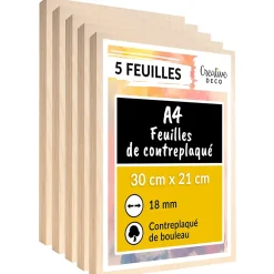 Creative Deco Panneau Bois, Osb, Mdf<5 x A4 Contreplaqué 300 x 210 x 18mm (+/- 0,5mm) - Bouleau Brut - Panneau Découpe Laser - Gravure, Cricut, Maquette