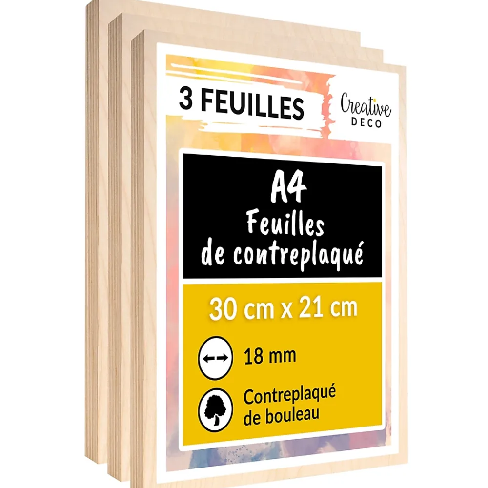 Creative Deco Panneau Bois, Osb, Mdf<3 x A4 Contreplaqué 300 x 210 x 18mm (+/- 0,5mm) - Bouleau Brut - Panneau Découpe Laser - Gravure, Cricut, Maquette