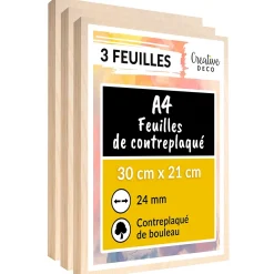 Creative Deco 3 x A4 Contreplaqué 300 x 210 x 24mm (+/- 0,5mm) - Bouleau Brut - Panneau Découpe Laser - Gravure, Cricut, Maquette- Panneau Bois, Osb, Mdf