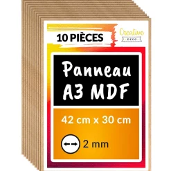 Creative Deco Panneau Bois, Osb, Mdf<10 x A3 Panneau MDF 420 x 300 x 2 mm - Feuille Planche Bois Brut - Découpe Laser, Gravure, Maquette, Pyrogravure