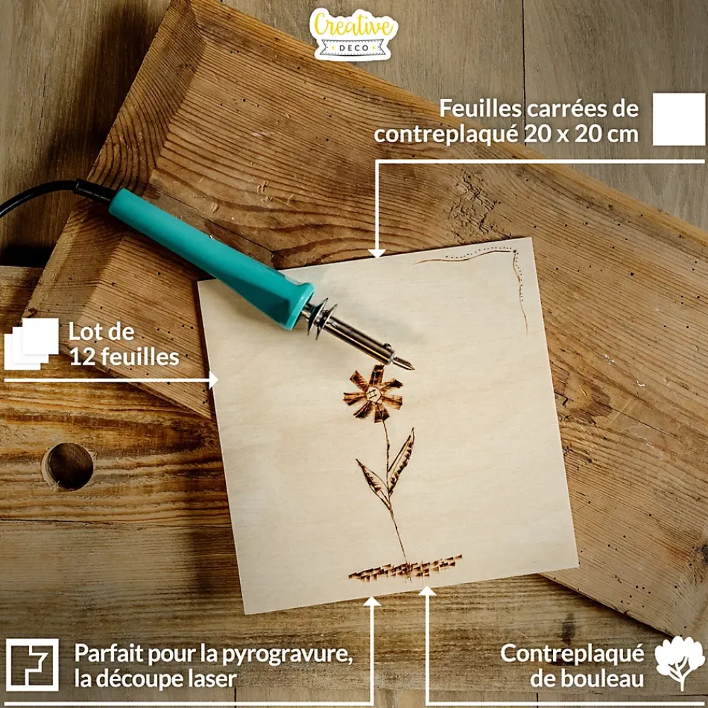 Creative Deco Panneau Bois, Osb, Mdf<12 x Contreplaqué Carré 200 x 200 x 3mm (+/-0,5mm) - Bois Brut Bouleau - Panneau Découpe Laser - Pyrogravure Gravure