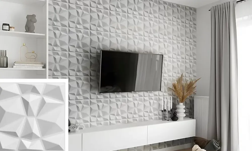 Ikhemalarka 3D PVC panneaux muraux decor gaming chambre mur plafond effet 3D diamant blanc plaques PVC decoration 30x30cm 0.09m²- Panneau Mural Décoratif