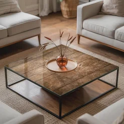 Wallfluent Dessus de table en verre trempé 60x60 cm Structure de planches en bois- Plateau En Verre