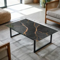 Wallfluent Dessus de table en verre trempé 120x80 cm Motif marbré avec veines- Plateau En Verre