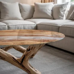 Wallfluent Dessus de table en verre trempé fi80 cm Bois naturel avec résine- Plateau En Verre