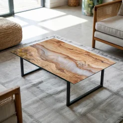 Wallfluent Dessus de table en verre trempé 100x70 cm Bois naturel avec résine- Plateau En Verre