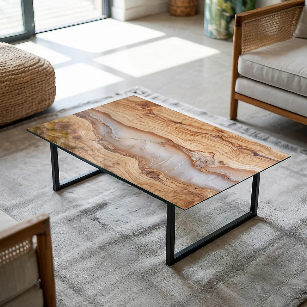 Wallfluent Dessus de table en verre trempé 100x70 cm Bois naturel avec résine- Plateau En Verre