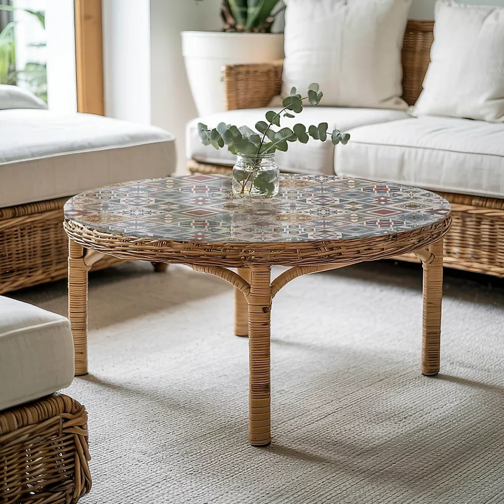 Wallfluent Dessus de table en verre trempé fi60 cm Motif mosaïque avec ornements- Plateau En Verre