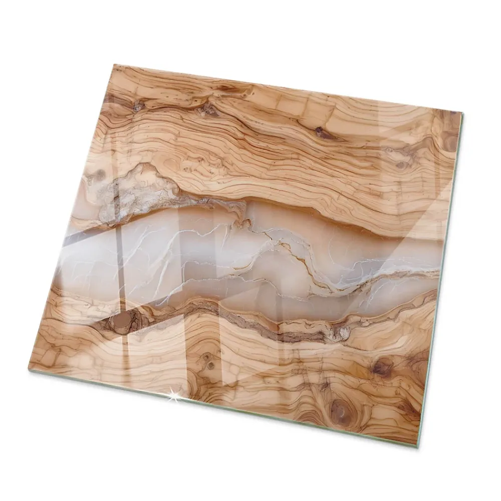 Wallfluent Dessus de table en verre trempé 50x50 cm Bois naturel avec résine- Plateau En Verre