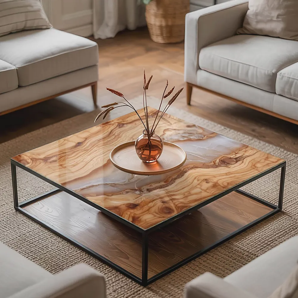 Wallfluent Dessus de table en verre trempé 50x50 cm Bois naturel avec résine- Plateau En Verre