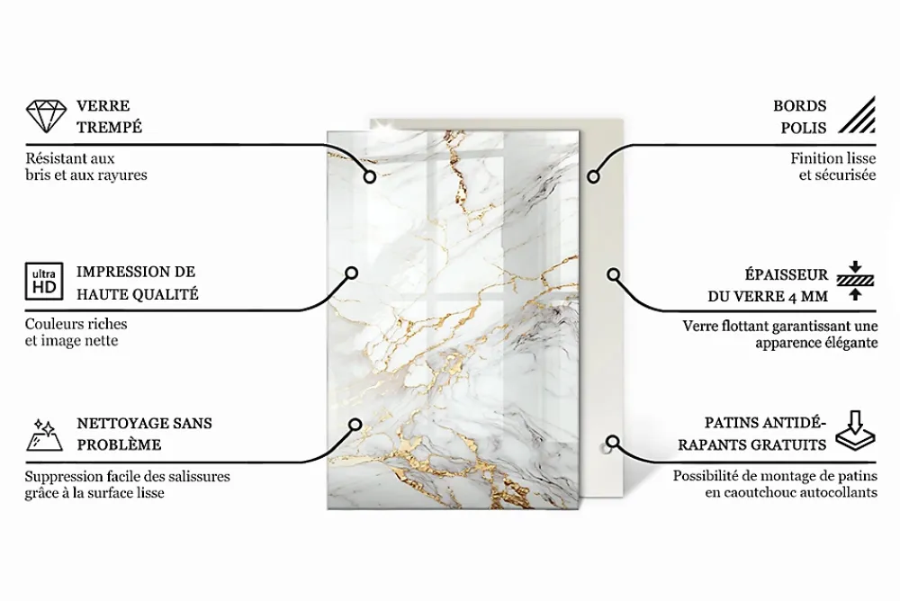 Wallfluent Dessus de table en verre trempé 120x80 cm Motif de marbre veiné- Plateau En Verre