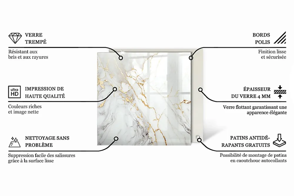 Wallfluent Dessus de table en verre trempé 50x50 cm Motif de surface en marbre- Plateau En Verre