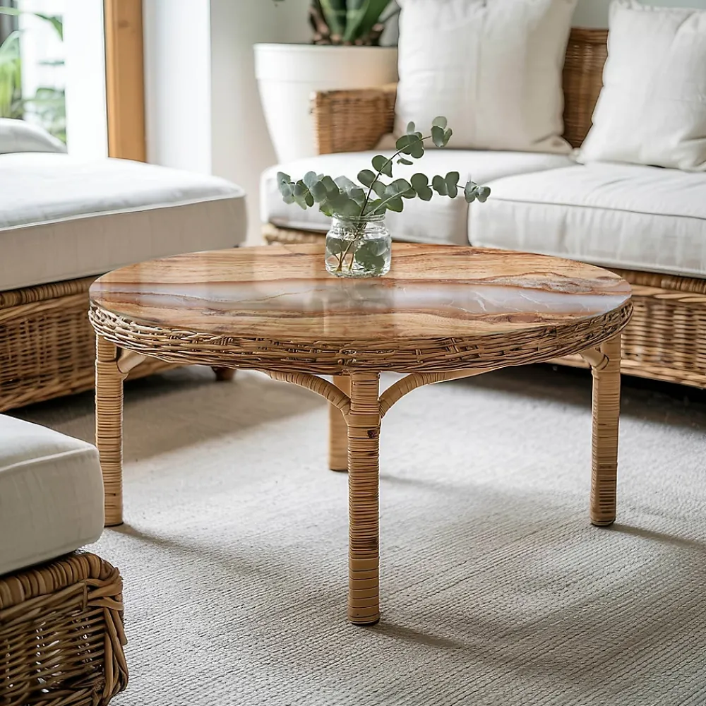 Wallfluent Dessus de table en verre trempé fi100 cm Bois naturel avec résine- Plateau En Verre