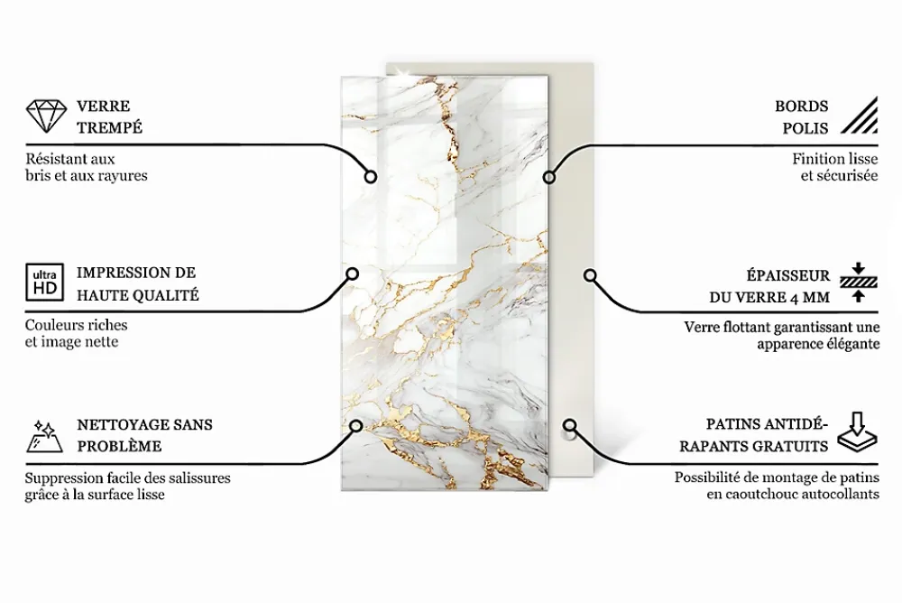 Wallfluent Dessus de table en verre trempé 140x70 cm Motif texturé de marbre- Plateau En Verre