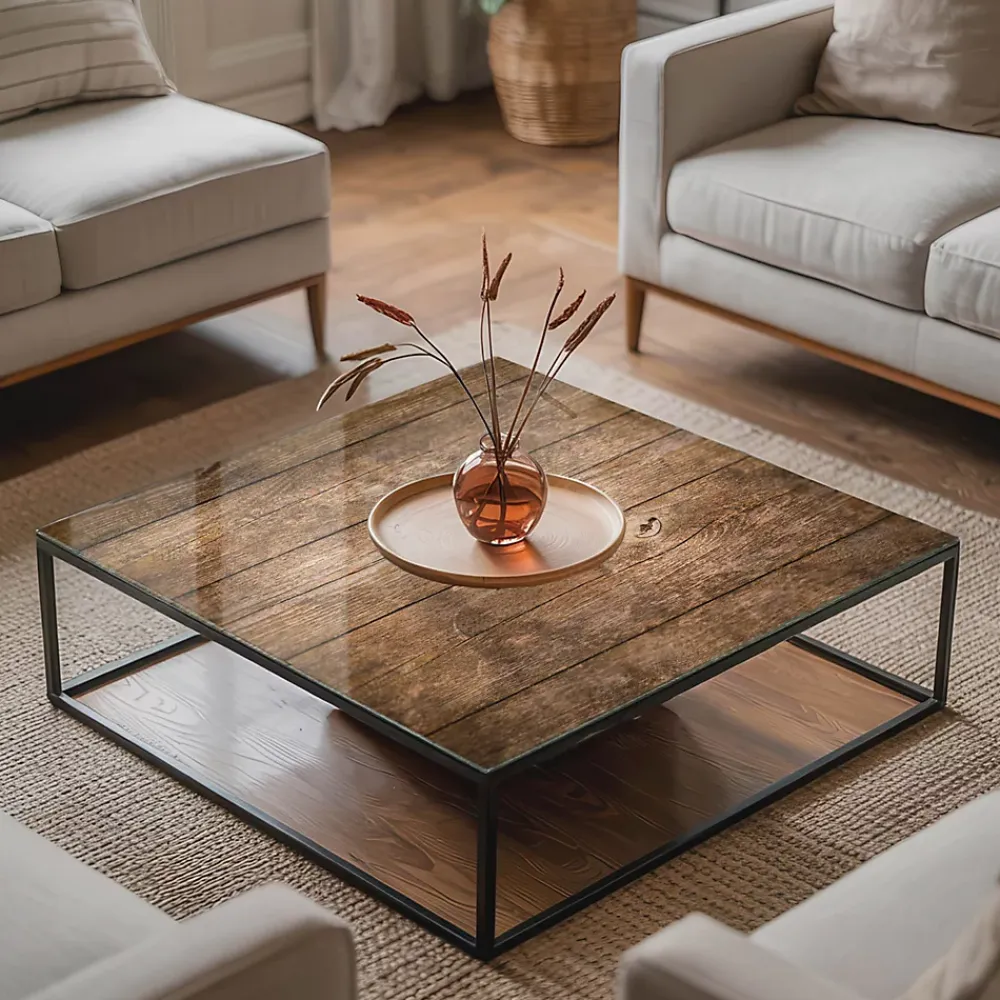 Wallfluent Dessus de table en verre trempé 50x50 cm Structure de planches en bois- Plateau En Verre