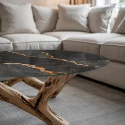 Wallfluent Dessus de table en verre trempé fi70 cm Motif marbré avec veines- Plateau En Verre