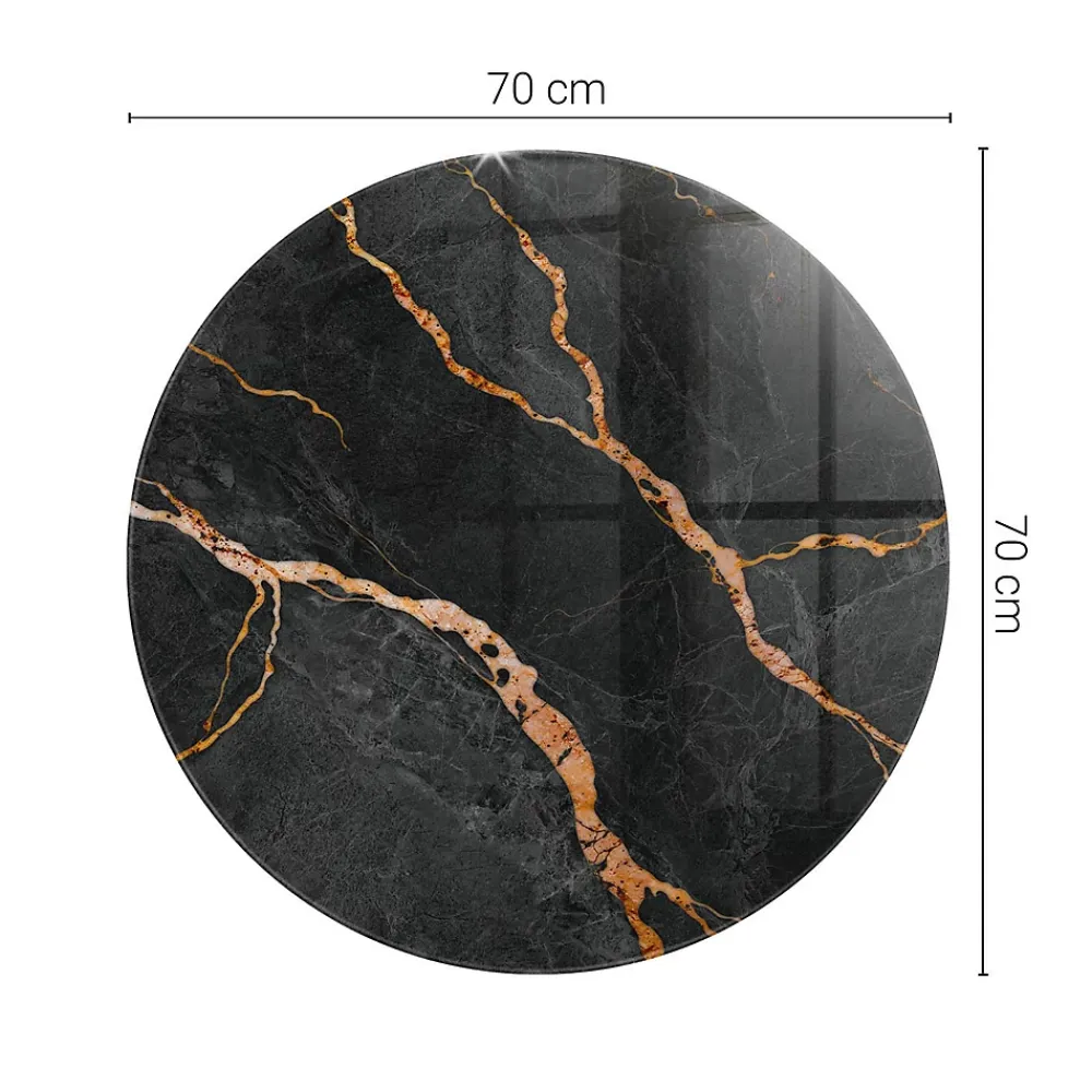 Wallfluent Dessus de table en verre trempé fi70 cm Motif marbré avec veines- Plateau En Verre