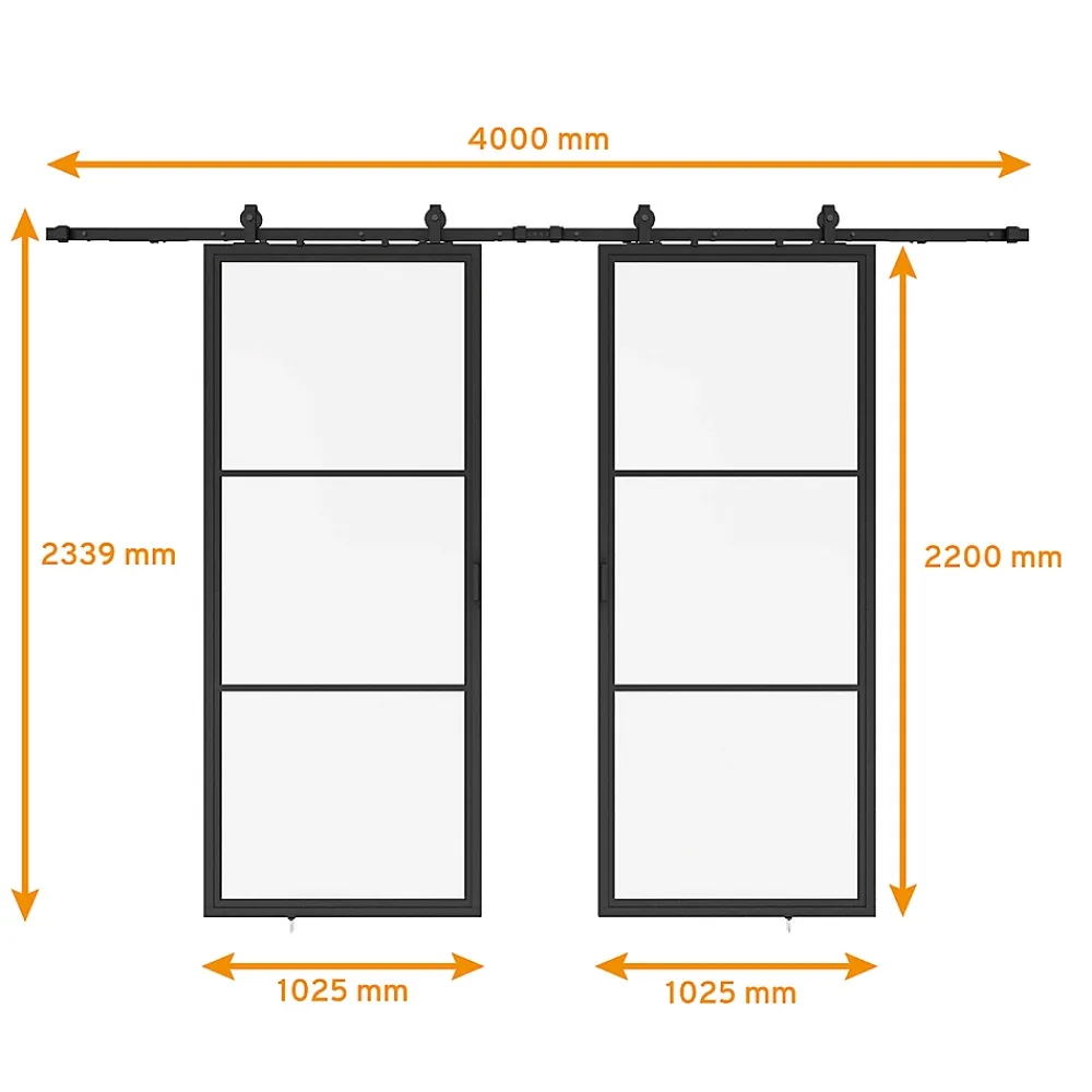 Schulte Porte Coulissante<Double porte coulissante complète verre - 205x220 - porte vitrée - porte verrière - décor Loftstyle - noir