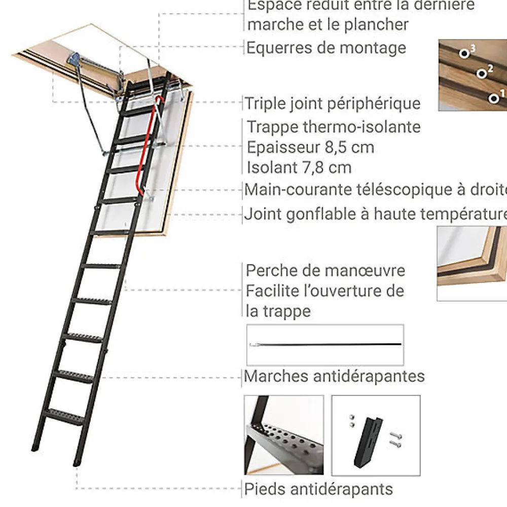 Matisere Escalier Escamotable<Echelle coupe feu 60min avec trappe de 60x120cm - Hauteur de 2.33 à 2.80m - LMF60/60120-280