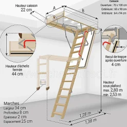 Matisere Echelle coupe feu 60min avec trappe de 70x100cm - Hauteur de 2.53 à 2.80m - LWF60/70100-280- Escalier Escamotable