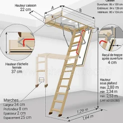Matisere Echelle coupe feu 60min avec trappe de 86x130cm - Hauteur de 2.34 à 2.80m - LWF60/86130-280- Escalier Escamotable