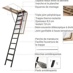 Matisere Echelle coupe feu 60min avec trappe de 86x130cm - Hauteur de 2.33 à 2.80m - LMF60/86130-280- Escalier Escamotable