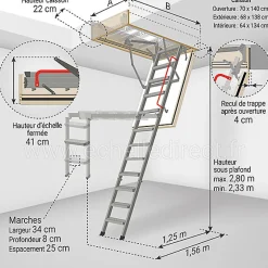Matisere Escalier Escamotable<Echelle coupe feu 60min avec trappe de 70x140cm - Hauteur de 2.33 à 2.80m - LMF60/70140-280