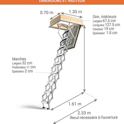Sogem Escalier Escamotable<Echelle coupe feu trappe 70x120cm - Hauteur sous plafond 3.78 à 4.22m - VARIO60-70130-422