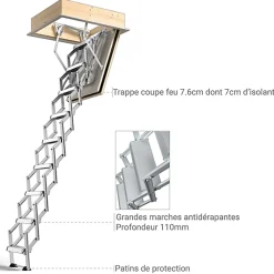 Sogem Escalier Escamotable<Echelle coupe feu trappe 70x120cm - Hauteur sous plafond 3.78 à 4.22m - VARIO60-70130-422