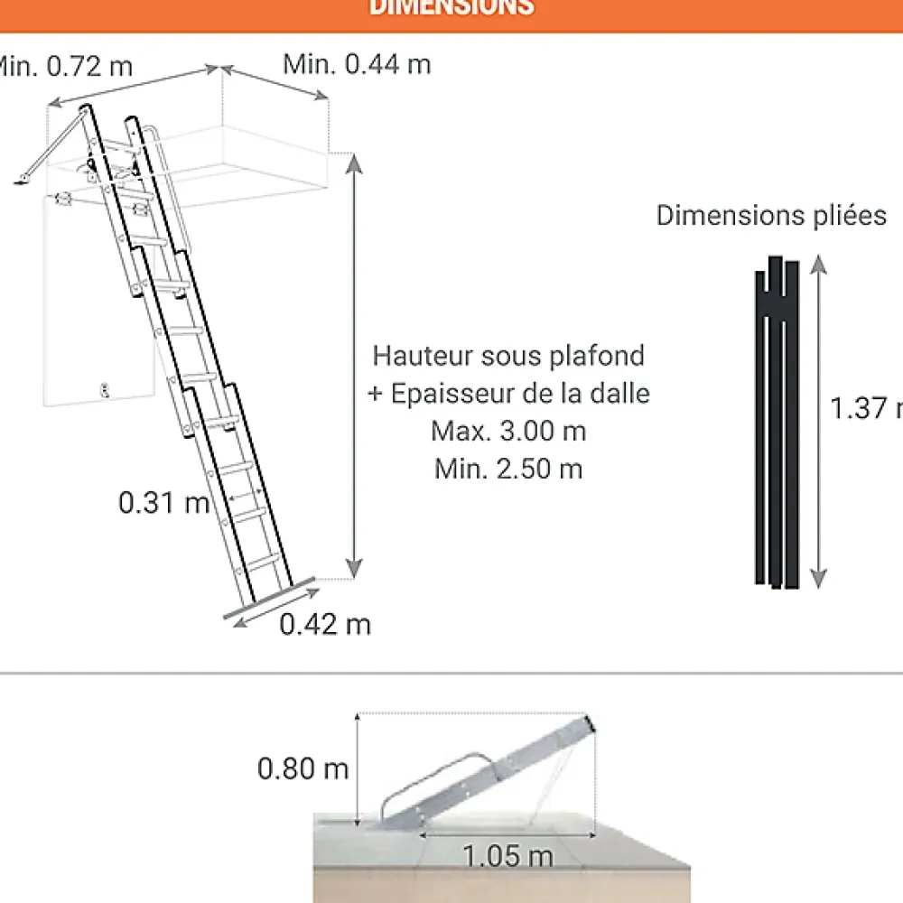 Hailo Echelle escamotable 3 plans - Haut. du sol au sol supérieur 3.00m - 9344-001- Escalier Escamotable