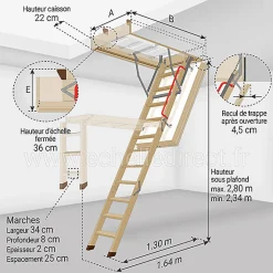 Matisere Echelle escamotable bois - Trémie de 70 x 140cm - Hauteur de 2.34 à 2.80m - LWT70140-2- Escalier Escamotable