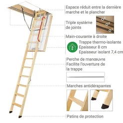 Matisere Echelle escamotable bois - Trémie de 70 x 140cm - Hauteur de 2.34 à 2.80m - LWT70140-2- Escalier Escamotable