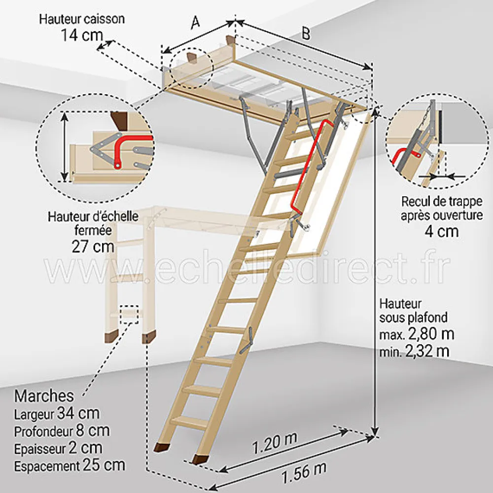 Matisere Echelle escamotable bois - Trémie de 55x120cm - Hauteur de 2.32 à 2.80m - LWK55120-2- Escalier Escamotable