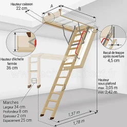 Matisere Echelle escamotable bois - Trémie de 70 x 140cm - Hauteur de 2.42 à 3,05m - LWT70140-3- Escalier Escamotable