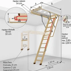 Matisere Echelle escamotable bois - Trémie de 70 x 130cm - Hauteur de 2.60 à 2.80m - LWL70130-2- Escalier Escamotable
