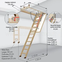 Matisere Echelle escamotable bois - Trémie de 55 x 111cm - Hauteur de 2.32 à 2.80m - LWK55111-2- Escalier Escamotable