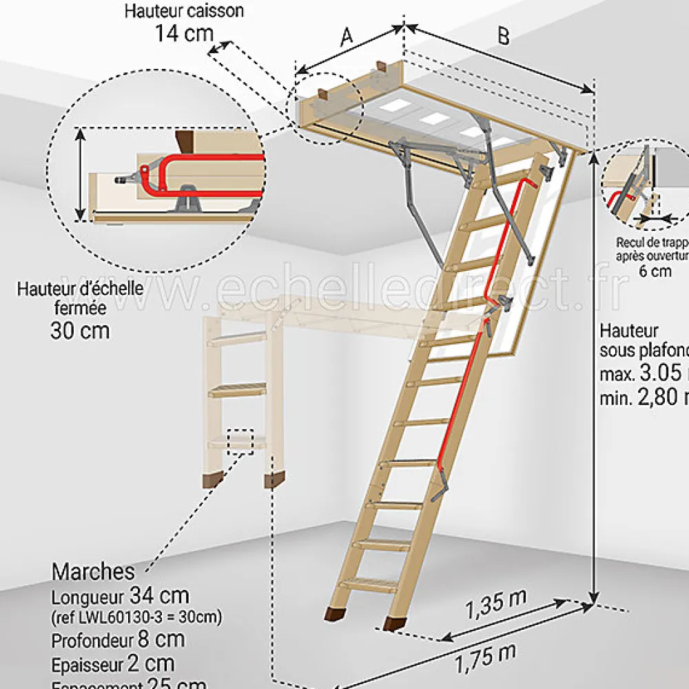 Matisere Echelle escamotable bois - Trémie de 70 x 140cm - Hauteur de 2.80 à 3.05m - LWL70140-3- Escalier Escamotable